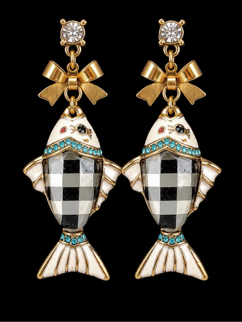 Novelty Fish Bow Dangle Pierced Earrings Gold Tone